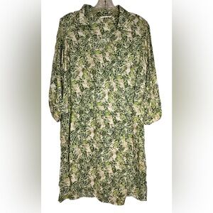 CAbi Faux Wrap Dress Green Tan Hawaiian Tropical Floral Leaf Print Mini Sz Small